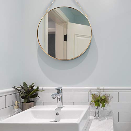 LONGWIN Hanging Wall Circle Mirror Decor Gold Geometric Mirror with Chain for Bathroom Bedroom Living Room 15.7" - size: 15.7"L x 15.7"W