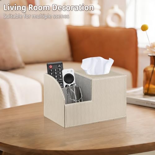 PU Leather Square Tissue Box Cover - Multi-Functional Tissue Box Holder, Tissue Box Cover with Storage,Tissue and Remote Control Holder, Cube Tissue Box Organizer Bedroom Nightstand End Table - color: Apricot