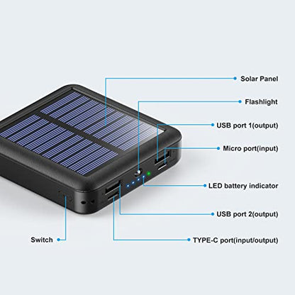 Solar Portable Charger 12000mAh, Small Solar Power Bank, USB C Input/Output External Battery with Built-in 4 Cables, Two-Hand Flashlight, Suitable for iPhone, Tablet Computers and Samsung - color: black
