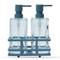 Square 3 Piece Glass Clear Lotion and Soap Pump Dispenser Set with Metal Stand Caddy for Bathroom Bath Kitchen Home Office Travel Hotel Hand Crafted Heavy Weight Spa Blue - color: Spa Blue