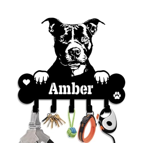 NIWAHO Dog Leash Holder Wall Mount Personalized Name - Custom American Pit Bull Terrier Metal Sign with Bone Key Hooks, Pet Leash and Key Organizer for Entryway - color: American Pit Bull Terrier