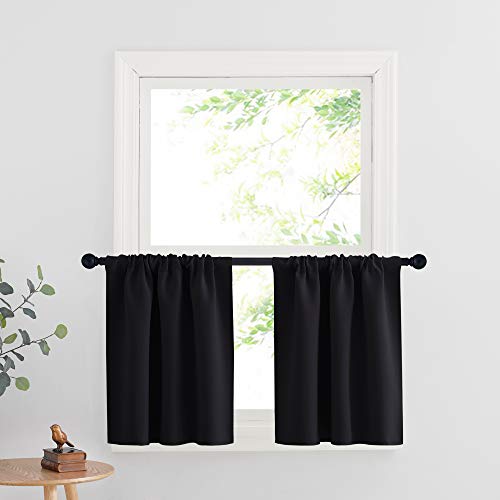 RYB HOME Cafe Blackout Curtains 24 inch Length, RV Curtains for Camper Windows, Mini Short Small Insulating Light UV Heat Blocking Privacy Half Window Tiers, Width 42 by Length 24, Black, 2 Panels - color: Black, size: 42"W x 24"L (Pack of 2)