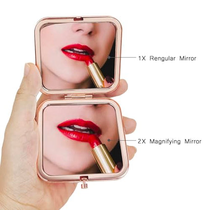 Compact Mirror for Purse, Double-Sided 1X/2X Magnifying Metal Pocket Makeup Mirrors(Square, Rose Gold Butterfly) - color: Rose Gold 14