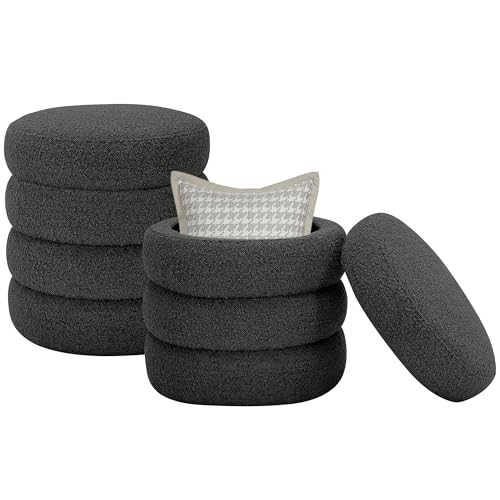 Krcix Round Ottoman with Storage Boucle Ottoman Stool with Storage Removable Lid for Living Room Modern Vanity Sorage Stool Foot Rest Bedroom Dorm Gifts Set of 2 (Black) - color: Black, size: set of 2