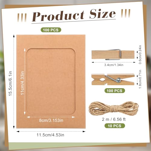 100 Pcs Paper Photo Frames 4x6 Kraft Paper Picture Frame with 100 Clip 10 String Kit DIY Hanging Cardboard Photo Holder Graduation Wall Decor Wedding Home - color: Kraft, style: Classic
