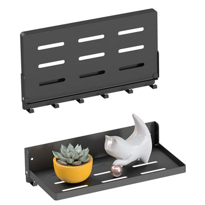 Small Folding Metal Shelf with Hooks, RV Fold-Down Wall Shelf, 6 Hooks, Drop Down Floating Shelf for Laundry Room, Kitchen, Bedside, Toilet Room, Bathroom, Utility, Black（11.8", 1 Pack） - color: 11.8" , 2-pack