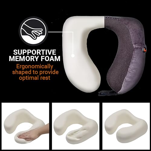 Go Travel Ultimate 3.0 Travel Pillow, Deluxe Memory Foam Neck Pillow with Magnetic Closure and Side Pocket, Ideal for Commute, Airplane, Car & Bus, Travel Essentials, Made in USA, Dark Gray