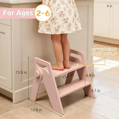 Wooden 2 Step Stool for Toddler Kids Bathroom Foldable 2-Step for Toilet Potty Training, Child Stepping Stool for Kitchen Nursery Bedroom Pink - color: Pink