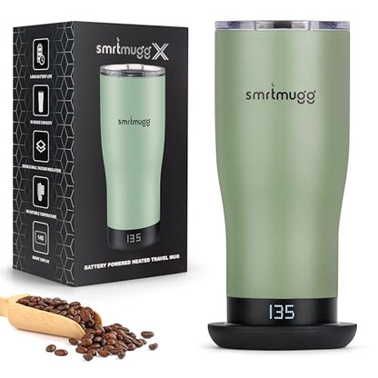 SmrtMugg X Heated Coffee Mug 19 oz., 8 Hour Battery Life, Self-Heating, Adjustable Temp Controlled, LCD Screen, Includes Cover with Magnetic Slider (Black) (Sage Green) - color: Sage Green