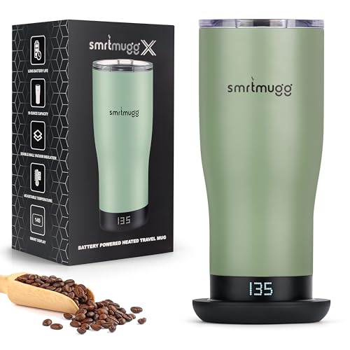 SmrtMugg X Heated Coffee Mug 19 oz., 8 Hour Battery Life, Self-Heating, Adjustable Temp Controlled, LCD Screen, Includes Cover with Magnetic Slider (Black) (Sage Green) - color: Sage Green