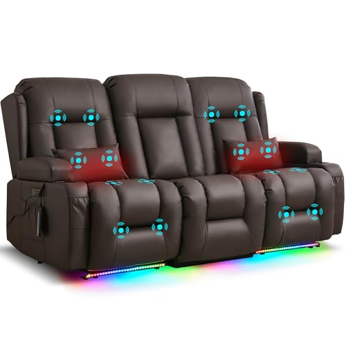 URRED Power Loveseat Recliner Sofa with Massage and Heat, Wall Hugger Reclining Loveseat with Console, RV Couch Home Theater Seating with LED Lights for Living Room (Dark Brown, 76.8" - 3 Seats) - color: Dark Brown, size: 76.8" - 3 Seats
