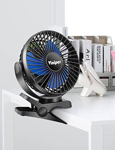 Viniper 6 inch Rechargeable Clip on Fan, 5000mah Battery Desk Fan : 360° Rotation & 3 Speeds Strong Wind Portable Fan, 8-30 Working Hours, Quiet and Powerful (Black,blue) - color: Black blue, style: 5000mah Clip fan