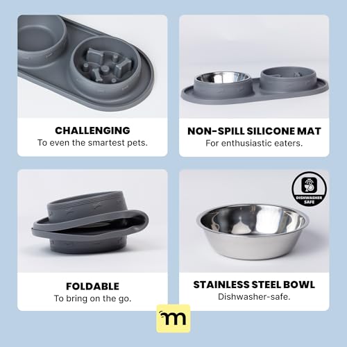 MalsiPree Puppy Slow Feeder & Water Bowl Set - 2-in-1, Gray | 2-in-1 silicone mat with 2 steel bowls - Use for puppies, slow feeding, adoption gifts & training