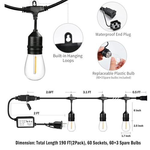 190FT Remote Controlled Outdoor String Lights Patio String Lights for Outside, 60+3 Shatterproof S14 Warm Lights String Outdoor for Bistro Café Gazebo Backyard, Linkable, 2 Pack - size: 190FT
