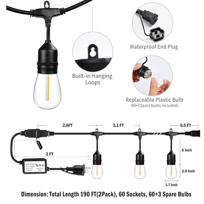 190FT Remote Controlled Outdoor String Lights Patio String Lights for Outside, 60+3 Shatterproof S14 Warm Lights String Outdoor for Bistro Café Gazebo Backyard, Linkable, 2 Pack - size: 190FT