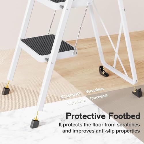HBTower Step Ladder Folding Step Stool for Adults with Anti-Slip Pedal,330 lbs Capacity for Kitchen, Home,White - size: 2 Step Ladder