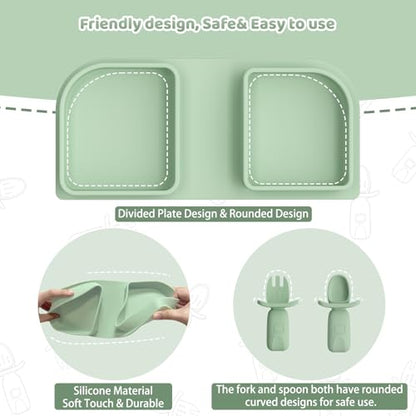 Green Foldable Silicone Baby Feeding Set, Portable Travel Baby Feeding Essentials Including Toddler Plates, Silicone Baby Spoon&Fork, Adjustable Foldable Bib, Portable Infant Toddler Utensils - color: Green