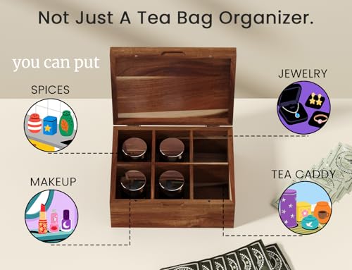 Acacia Wood Tea Bag Organizers, Tea and Sugar Packet Storage Chest with Lid, Wooden Teabag Holder Containers,Storage Box Teabox with 6 Compartments - size: Six grids
