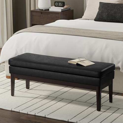 SIMPLIHOME Carlson Ottoman Bench - 45 inch Wide Upholstered Vegan Leather Rectangle Ottoman in Distressed Black, Mid Century Modern Bench for Bedroom, Entryway or Living Room with Padded Seat - color: Distressed Black, style: Ottoman Bench
