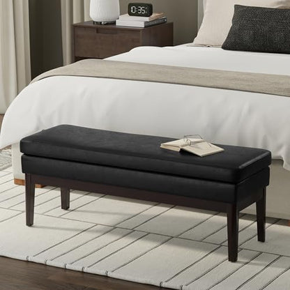 SIMPLIHOME Carlson Ottoman Bench - 45 inch Wide Upholstered Vegan Leather Rectangle Ottoman in Distressed Black, Mid Century Modern Bench for Bedroom, Entryway or Living Room with Padded Seat - color: Distressed Black, style: Ottoman Bench