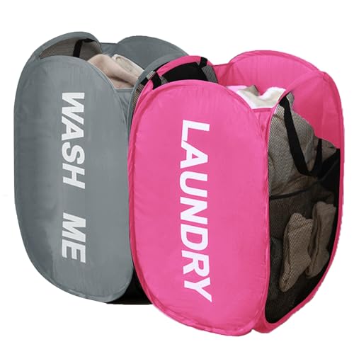 Pack of 2 Mesh Pop Up Hampers Collapsible Laundry Baskets for Dirty Clothes Storage With Side Pocket for Students, College Dorm, Apartment (Grey+Pink) - color: Grey + Pink
