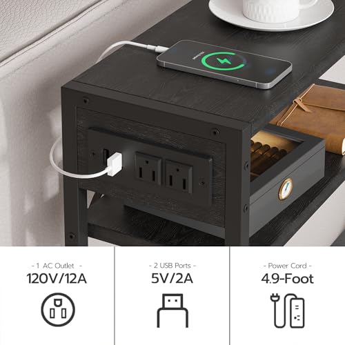 Leomonio Narrow Side Table with Charging Station, Slim End Tables with Linen Basket, Skinny Table for Small Spaces, Thin Bedside Table for Living Room, Bedroom - color: Ebony Black + Slate Gray - Outlet