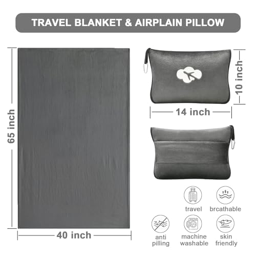 Travel Blanket and Pillow Compact, Premium Soft 2 in 1 Airplane Blanket with Soft Bag Pillowcase，Hand Luggage Sleeve and Backpack Clip (Solid Grey) - color: Solid Grey