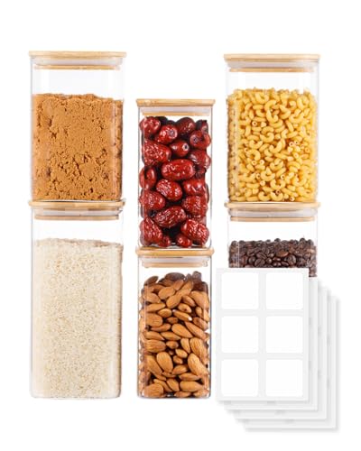 GIRAFFYCO Glass Food Storage Jars with Airtight Lids Wide Mouth Pantry Containers, Thick BPA-Free Glass, Moisture & Insect Resistant, Customizable Labels Included 25 oz x 2|38 oz x 2|50 oz x 2 - size: Set of 6 - Mixed Sizes (25/38/50 oz)