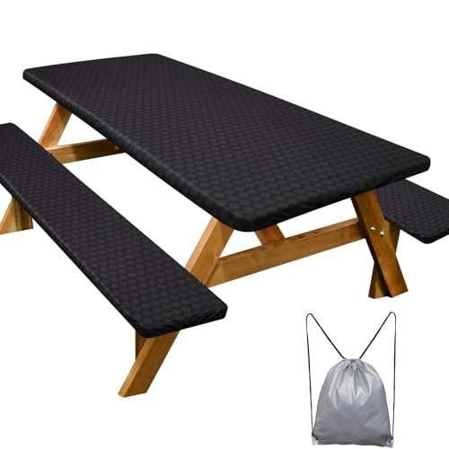 Picnic Table Cover with Bench Covers Camping Essentials Waterproof Windproof Camping Tablecloth with Drawstring Bag, Fitted Rectangle Tables and Seats, 96in, Black - color: Black, size: 96in