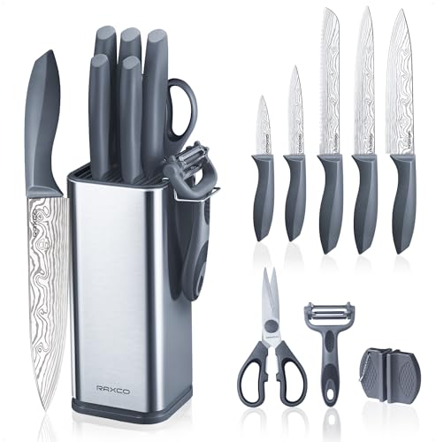 RAXCO Kitchen Knife Set,10-Piece Stainless Steel Knife Set with Block,Gray | Pro-Sharpened Kitchen Knives,Space-saving Compact Organizer for Small Kitchen,RV,Apartment and Dorm - color: Damascus