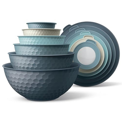 COOK WITH COLOR Mixing Bowls with Lids - 12 Piece Plastic Nesting Bowls Set includes 6 Prep Bowls and 6 Lids, Microwave Safe Mixing Bowl Set, Blue Embossed - color: Blue Embossed