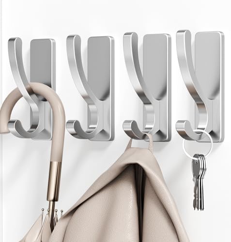 pickpiff Adhesive Wall Hooks for Towels - Sticky Hook Hanging Heavy Duty (13lb), Hanger for Door, Bathroom, Dorm, Closet - for Coats, Purse, Bag, Robe - No Damage to Wall - Silver 4 Pack - color: Silver, size: 4 Pack