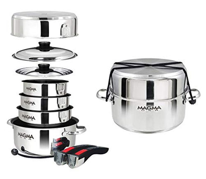 Magma 10 Piece Gourmet Nesting Stainless Steel Cookware Set with Ceramica Non-Stick, Induction Compatible, Oven Safe to 500°F - Suitable for All Stovetops, Removable Handles, Silver - color: Stainless Steel, style: 10 Piece, Non-stick
