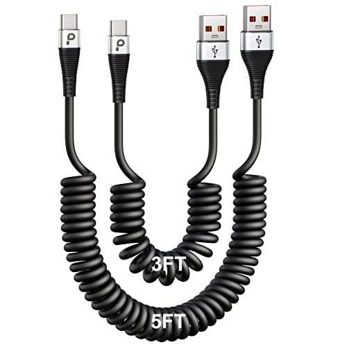 USB Type C Coiled Cable Fast Charging (3FT/5FT), 2Pack Android Auto Charging Cord for Car, Short USB A to USB C Charge Cable Compatible with iPhone 17/16/15/Pro Max/Samsung Galaxy S20 Note 10 and More - color: Silver, size: 3FT/5FT, style: USB A to USB C