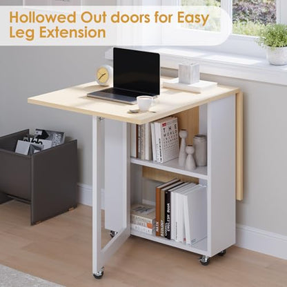 LotFun Folding Dining Table, Space-Saving Dining Table with 6 Rolling Wheels and 2-Tier Storage Shelf, Kitchen Table for Small Spaces - color: White