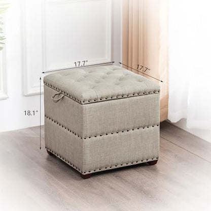 Adeco 18 Inch High Cube Ottoman Storage, Linen Beige Chair Foot Stools with Tray, Upholstered Vanity Stool with Solid Wood Legs - color: Beige With Nails