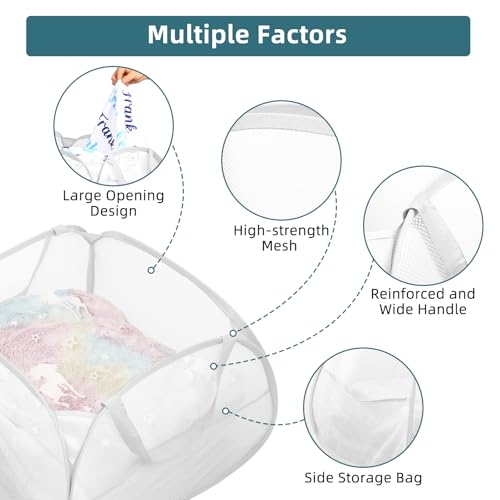 Bemkoo Collapsible Laundry Basket, 90L Large Foldable Mesh Pop Up Hamper for Laundry, Dirty Clothes, Bedroom, Bathroom, Dorm, Laundry Room, Travel, Camping, White - color: White