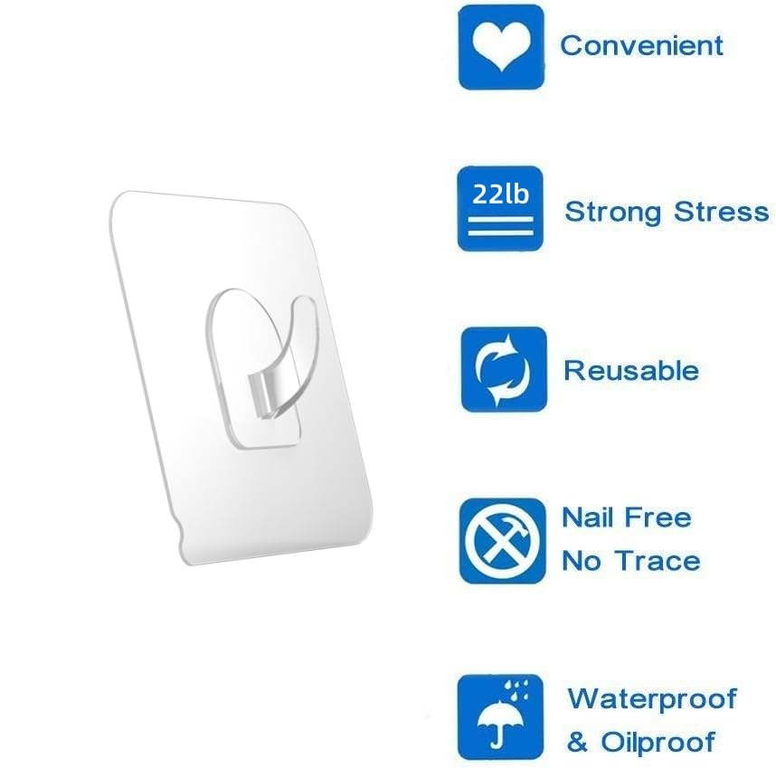 Ninth Five 30 Pack Adhesive Hooks for Hanging, 33lb Heavy Duty Wall Hooks, Clear Plastic Sticky Utility Hook for Home Kitchen Bathroom Office Use