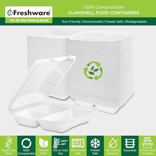 Freshware Clamshell Food Containers with Lids [9x9"] 3-Compartment 200-Pack, Disposable To Go Containers, Biodegradable Sugarcane To Go Boxes - Paper Containers - Microwave & Freezer Safe, Stackable - size: 9 x 9 Inch, 200 Pack