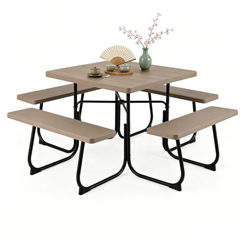 Tangkula 8 Person Picnic Table, Outdoor Square Picnic Table with 4 Built-in Benches, Umbrella Hole, Metal Frame & HDPE Tabletop, Outside Table and Bench Set for Backyard, 2300lbs Weight Capacity - color: Coffee