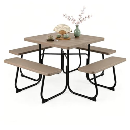 Tangkula 8 Person Picnic Table, Outdoor Square Picnic Table with 4 Built-in Benches, Umbrella Hole, Metal Frame & HDPE Tabletop, Outside Table and Bench Set for Backyard, 2300lbs Weight Capacity - color: Coffee