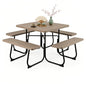 Tangkula 8 Person Picnic Table, Outdoor Square Picnic Table with 4 Built-in Benches, Umbrella Hole, Metal Frame & HDPE Tabletop, Outside Table and Bench Set for Backyard, 2300lbs Weight Capacity - color: Coffee