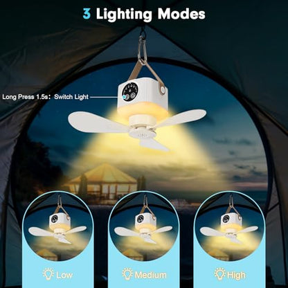 Portable Ceiling Fan with Lights Remote,USB Rechargeable Camping Fan,9.25" Wireless Tent Fan with 4 Speeds,Timer,Battery-Powered Ceiling Fan for RV,Truck,Rooftop Tent,Travel,Camping (White) - color: White