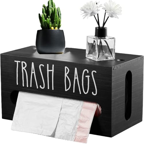 Trash Bag Dispenser, Wall Mount Trash Bag Holder Dispenser with Lid Wooden Kitchen Trash Bag Roll Organizer Plastic Garbage Bag Storage for Cabinet. (Black) - color: Black