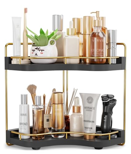 2-Tier Corner Bathroom Counter Organizer with Embedded Screw Holes, Secure & Stable Wood Vanity Shelf for Makeup and Skincare Essentials - Space Saving Bathroom Countertop Storage, Black Gold - color: Black Gold