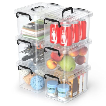 Plastic Storage Containers with Lids - 6 Pack 6 Quart Clear Storage Bins with Lids, Stackable Storage Containers for Organizing, Small Plastic Storage Box with Lid, Black Handle and Latches