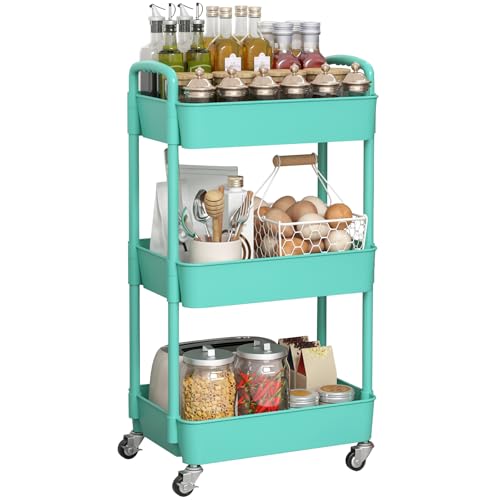 Sywhitta 3-Tier Plastic Rolling Utility Cart with Handle, Multi-Functional Storage Trolley for Office, Living Room, Kitchen, Movable Storage Organizer with Wheels, Green - color: Green, size: 3-tier