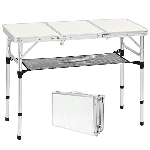 YUFIFAIRY Small Folding Table 3 Foot, Portable Camping Table with Mesh Holders,Lightweight Aluminum Adjustable Height, with Carry Handle for Camping Picnic Indoor Outdoor 36 x 16 x27.5 - color: Silver, size: 35''L x16''Wx27"H
