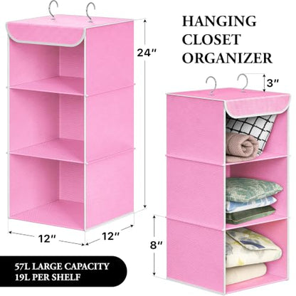 Simple Houseware 3-Shelf Hanging Closet Organizer, Fabric Storage Shelves with 57L Capacity, Pink - color: Pink