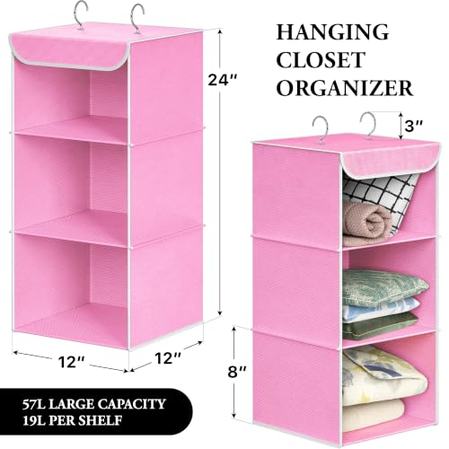 Simple Houseware 3-Shelf Hanging Closet Organizer, Fabric Storage Shelves with 57L Capacity, Pink - color: Pink